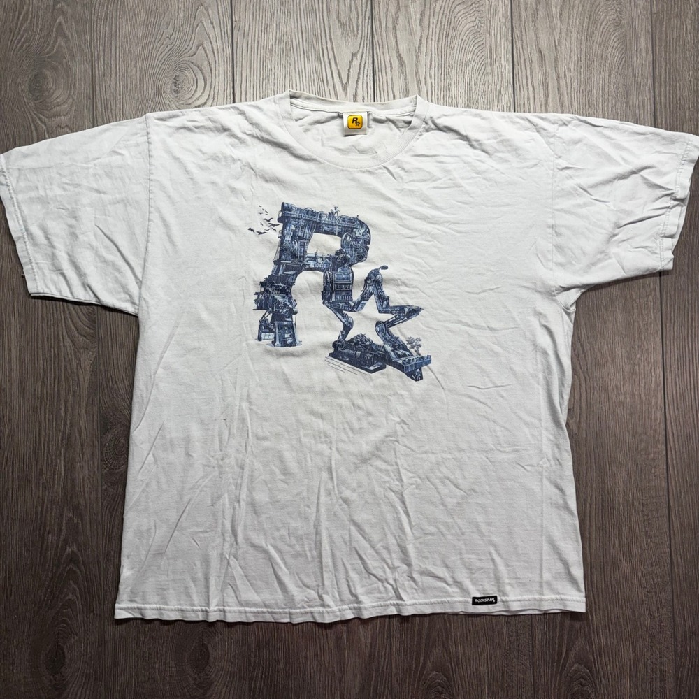 Rockstar Games Graphic T-Shirt Mens White Industrial Logo Tee Large